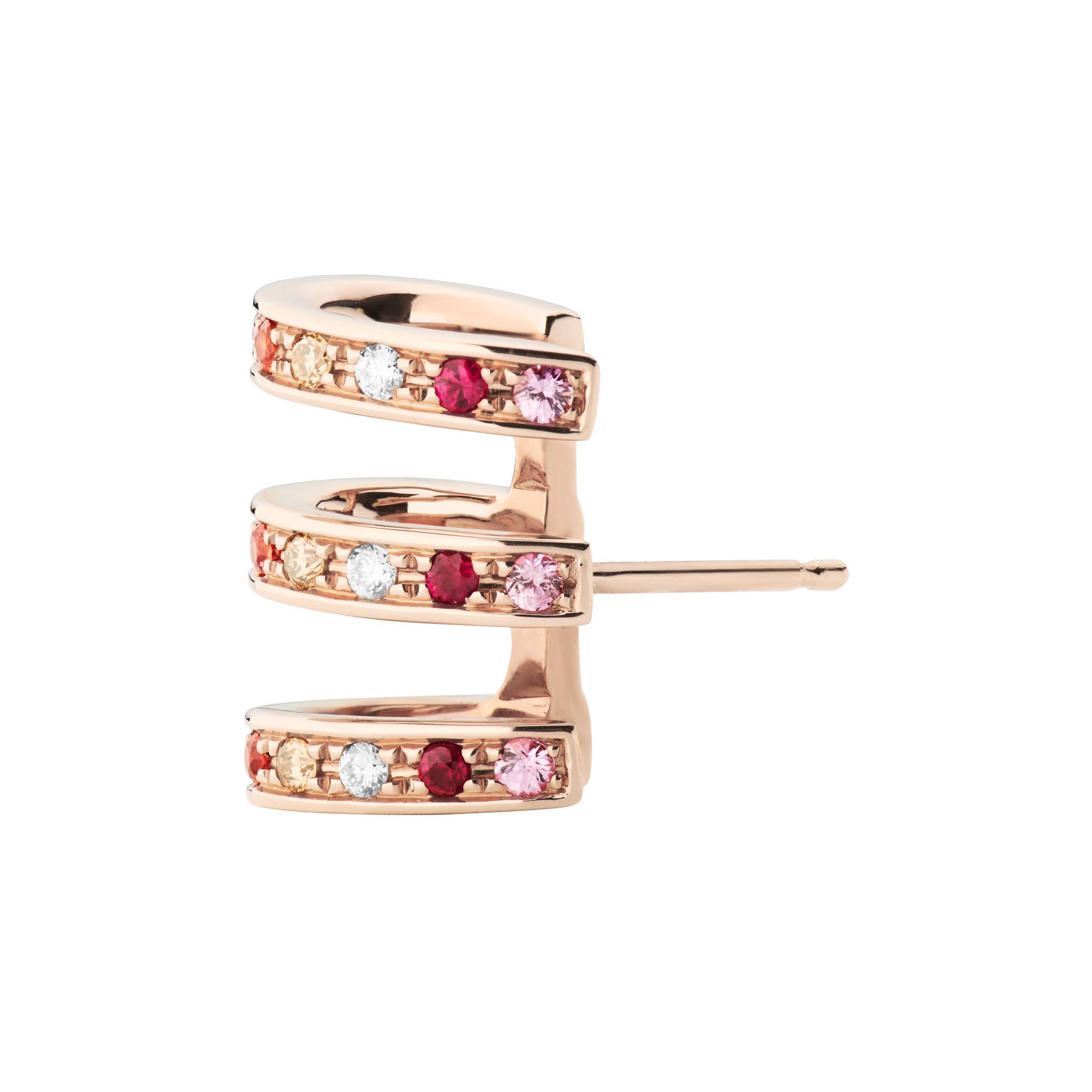 BOLOUCINO ROSE EARCUFF – 3 Reihen 18K RG mit weißen und champagnerfarbenen Diamanten, Saphiren, Rubinen