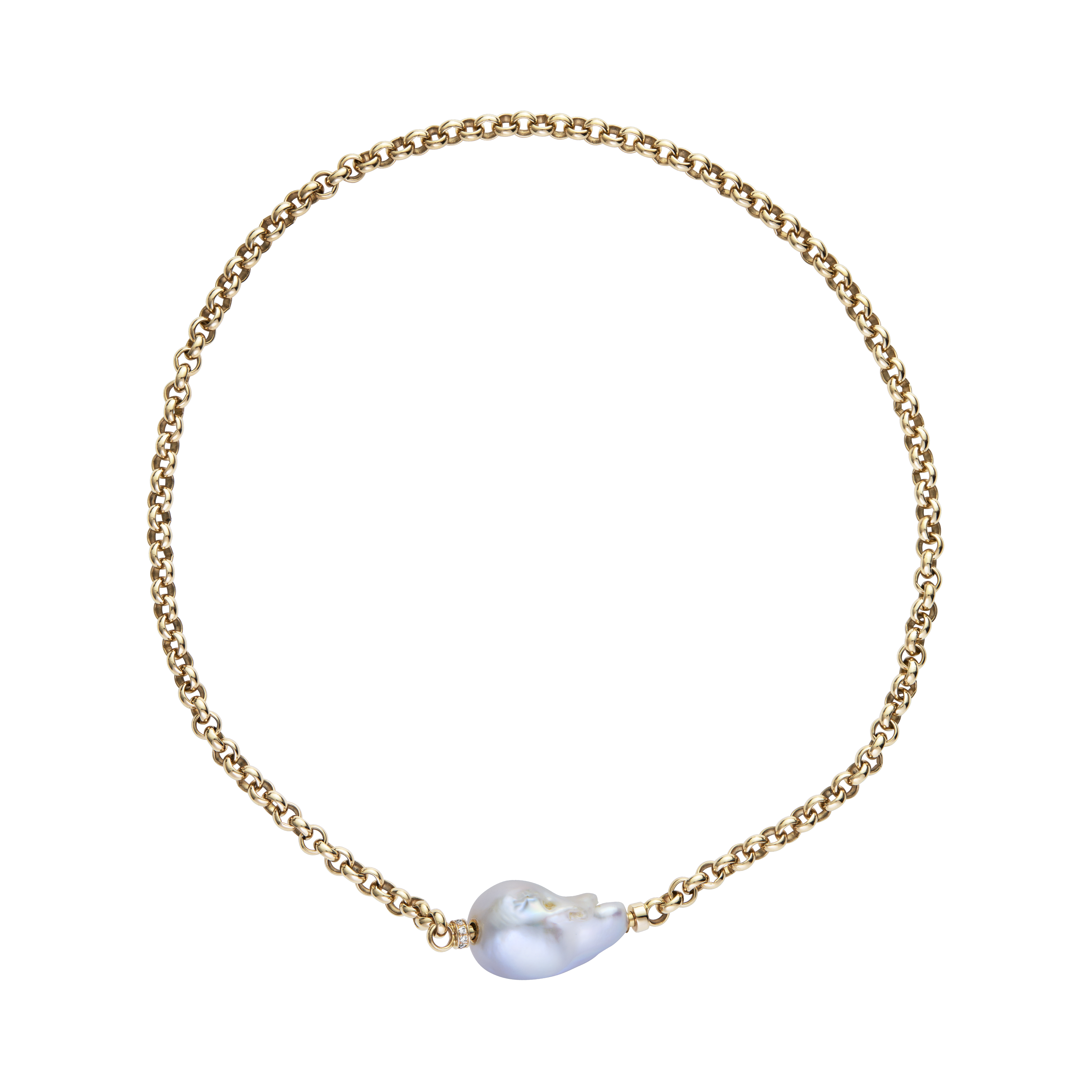 Piselli Barockperlenkette – 18 Karat CG mit weißer Barockperle, 0,6 Karat Diamanten und 18 Karat GG-Kette – NEU