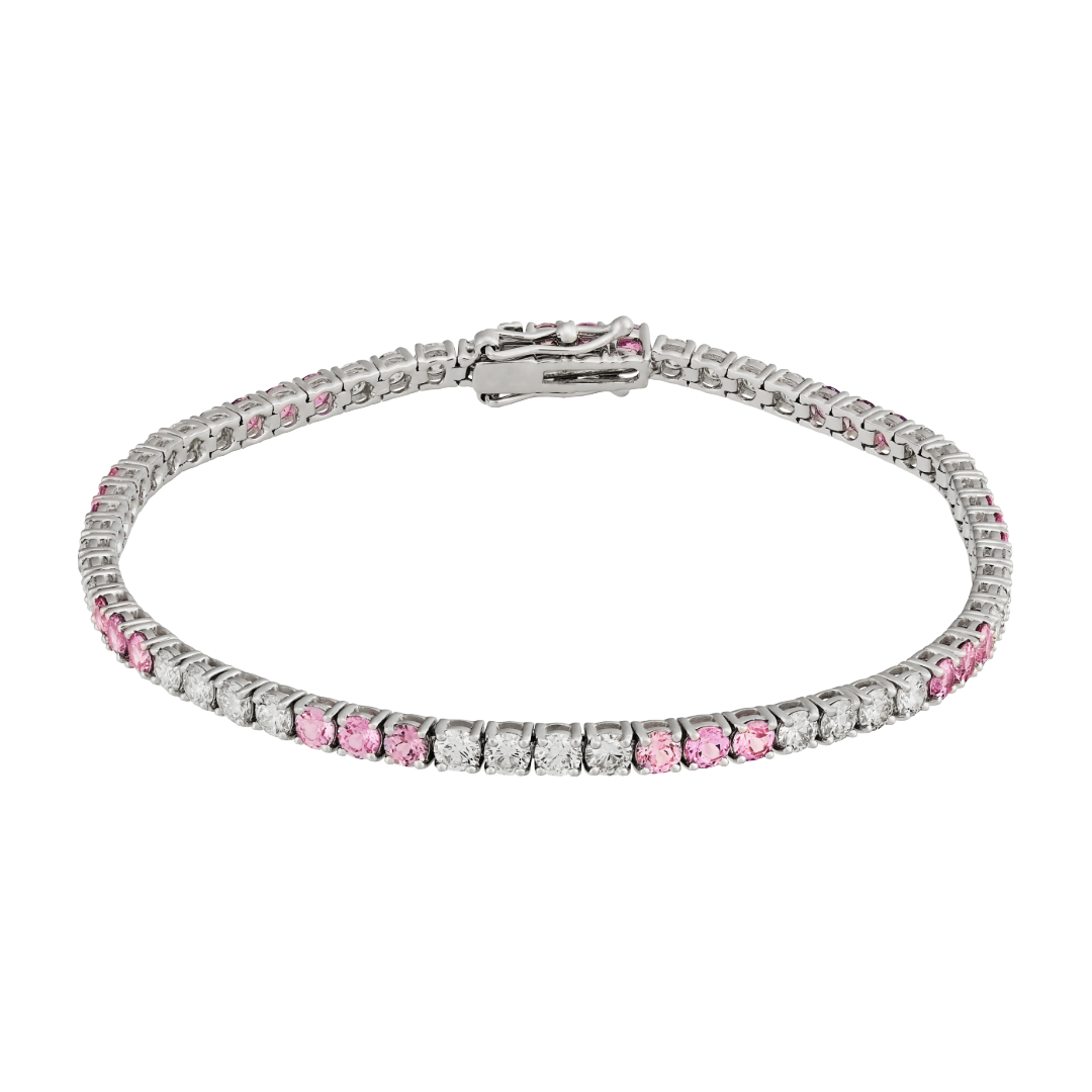 Tennisarmband – 18 kt Weißgold mit Diamanten 2,90 ct G/VVS-VS und 2,73 ct natürlichem rosa Saphir.