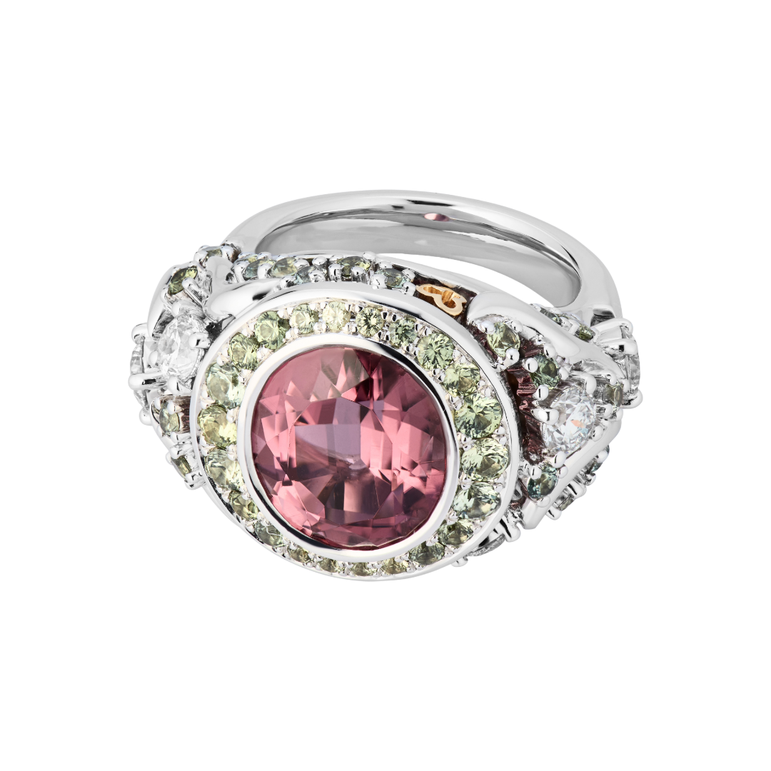 Gioia-Cocktailring aus 18-karätigem Weiß- und Gelbgold mit ovalem, natürlichem rosa Turmalin-Mittelstein