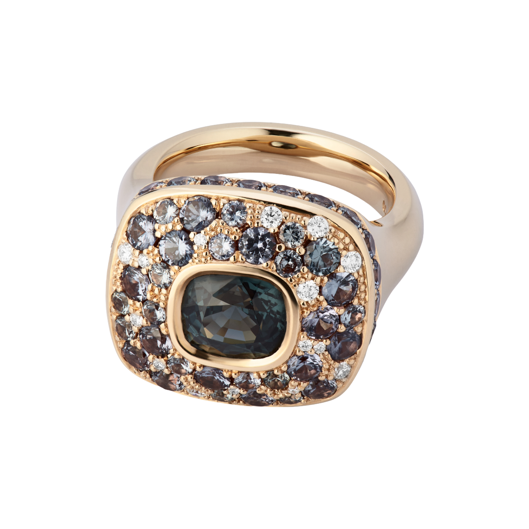 Handgefertigter, einzigartiger Ring aus 18-karätigem Roségold mit unbehandelten Spinellen und Vanadium-Granat